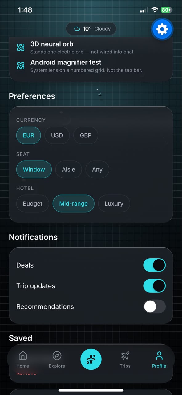 AIDO app — comparing stay options with glass cards